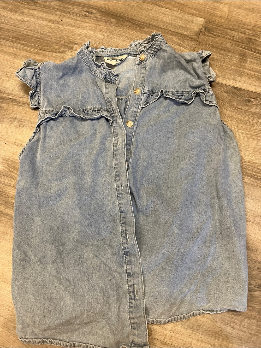 Savanna Jane Light Blue Ruffle Shoulder Denim Blouse
